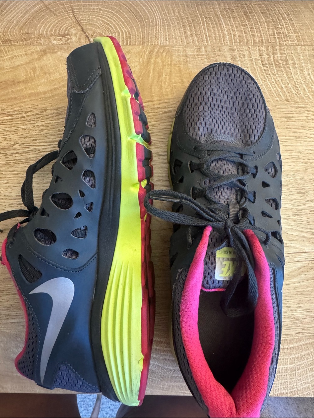 Nike Women's  Gray and Pink Sneakers with Neon Yellow Sole
